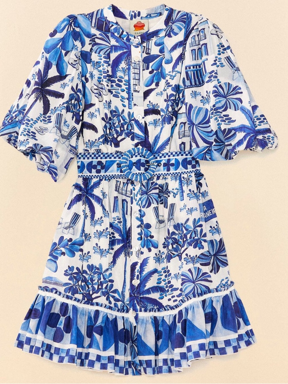 Anthropologie FARM Rio Whimsical Tropical Mini Dress Puff-Sleeve Women’s Large